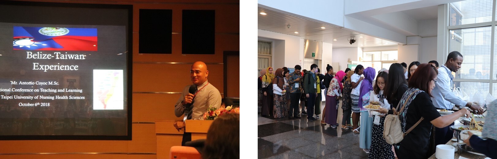 貝里斯 Antonio Coyoc 來臺分享所學經驗(左)及共享自助餐會(右) 貝里斯 Antonio Coyoc 來臺分享所學經驗(左)及共享自助餐會(右)